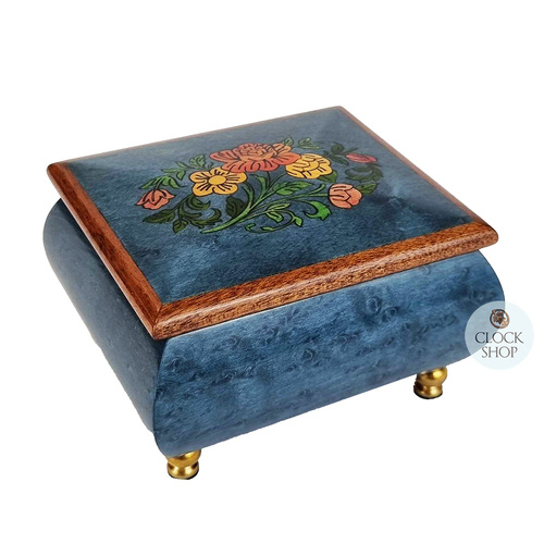 Blue Wooden Music Box With Flower Inlay Tune Blumenwalzer