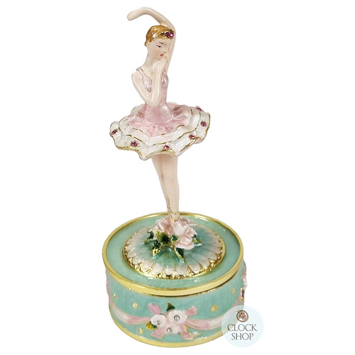 Enamel Ballerina Music Box Figurine Pink With Green Base - Tune Swan Lake