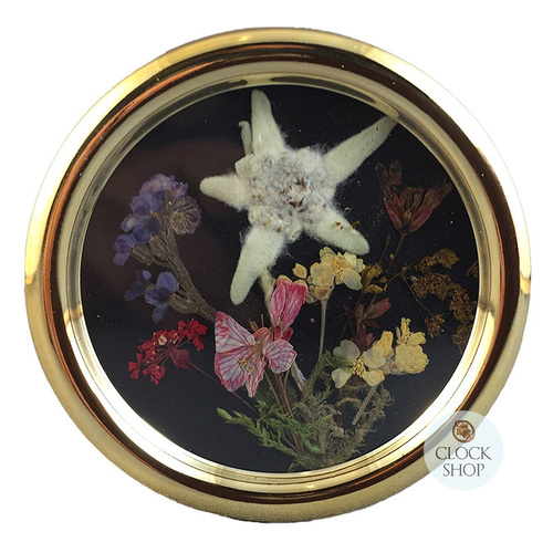 Round Acrylic Music Box With Pressed Alpine Flowers (Edelweiss)