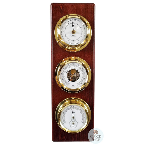 51cm Mahogany Weather Station With Barometer Thermometer Hygrometer & Tide Clock By FISCHER image