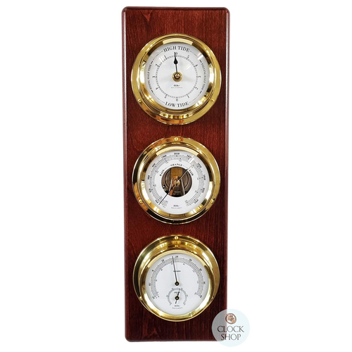 51cm Mahogany Weather Station With Barometer, Thermometer, Hygrometer & Tide Clock By FISCHER