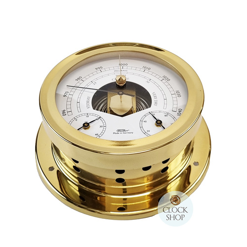 16.5cm Polished Brass Barometer With Thermometer & Hygrometer By FISCHER image