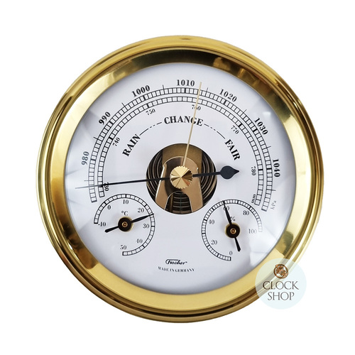 12.5cm Polished Brass Barometer With Thermometer & Hygrometer By FISCHER