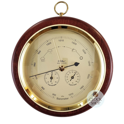 20cm Mahogany Barometer With Thermometer & Hygrometer By FISCHER