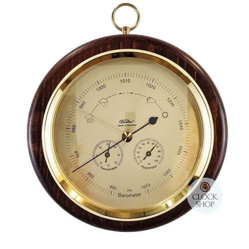 20cm Walnut Barometer With Thermometer & Hygrometer By FISCHER (Faulty Temp) image