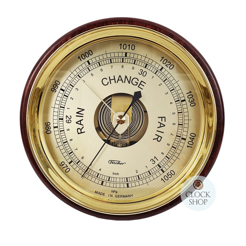 24cm Mahogany Round Nautical Barometer By FISCHER 