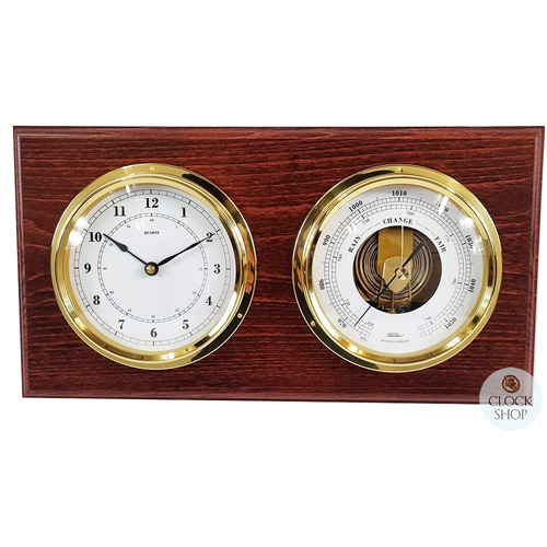 38cm Mahogany Weather Station With Quartz Clock & Barometer By FISCHER