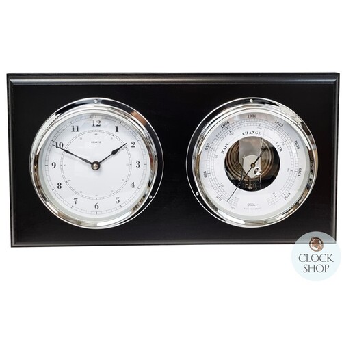 38cm Black Weather Station With Quartz Clock & Barometer By FISCHER