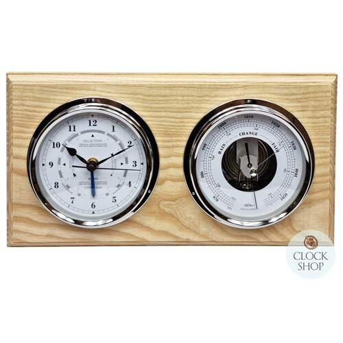 38cm Ash Nautical Weather Station With Quartz Time & Tide Clock & Barometer By FISCHER