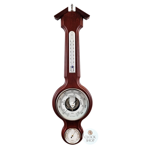55cm Mahogany & Silver Traditional Weather Station With Barometer Thermometer & Hygrometer By FISCHER image