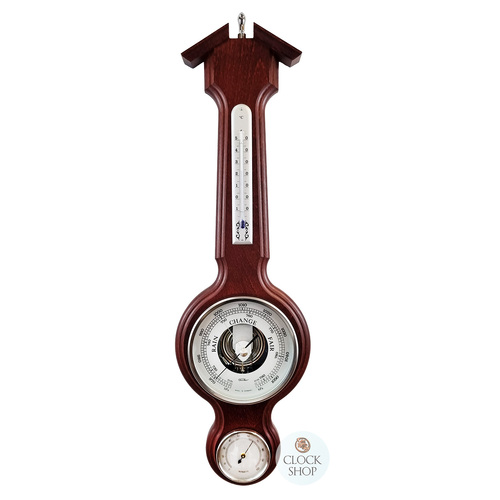 55cm Mahogany & Silver Traditional Weather Station With Barometer, Thermometer & Hygrometer By FISCHER