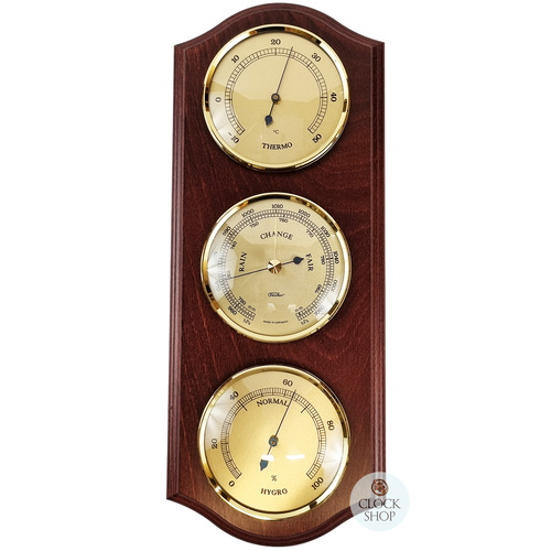 33cm Mahogany Weather Station With Barometer, Thermometer & Hygrometer By FISCHER