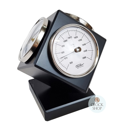 15cm Black Weather Station Cube With Barometer, Thermometer & Hygrometer By FISCHER