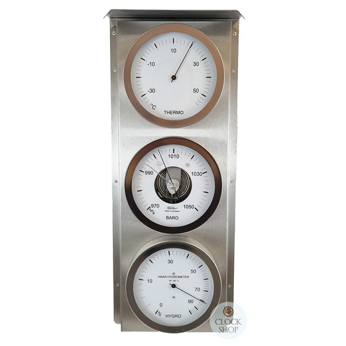 54cm Silver Outdoor Weather Station With Thermometer, Barometer & Hygrometer By FISCHER