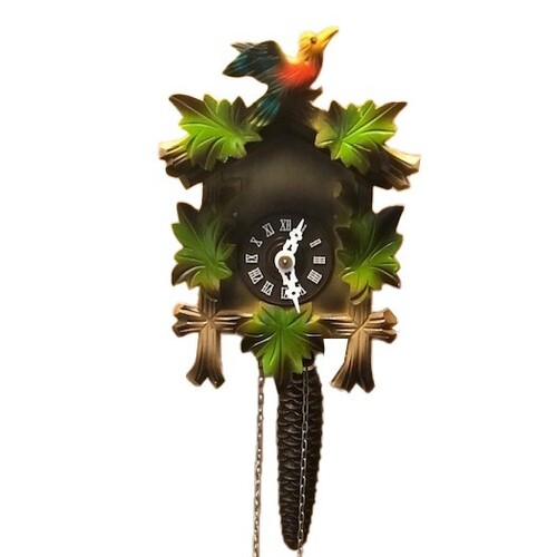 5 Leaf & Bird Coloured 1 Day Mechanical Carved Clock 18cm By HÖNES