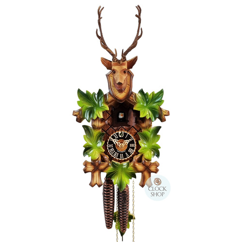 5 Leaf & Deer 1 Day Mechanical Carved Cuckoo Clock With Green Leaves 30cm By HÖNES