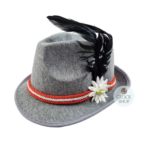 Grey & Red Trilby Party Hat With Feather