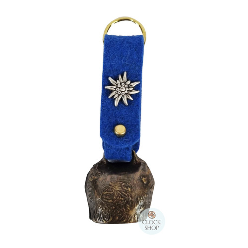 Antique Look Small Bell With Edelweiss Blue Felt Strap Small
