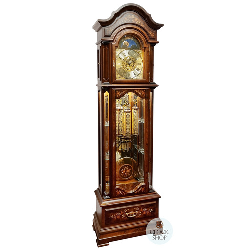 207cm Walnut Grandfather Clock With Calendar Dial & Shelves By SCHNEIDER