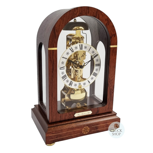 30cm Walnut & Burlwood Mechanical Skeleton Table Clock With Bell Strike By HERMLE