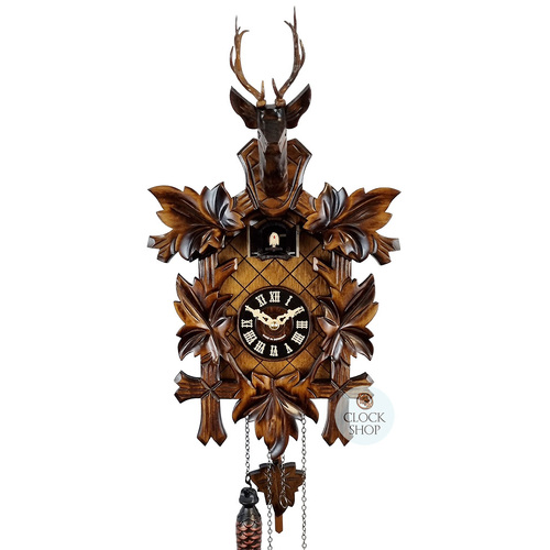 5 Leaf & Deer Battery Carved Cuckoo Clock 42cm By ENGSTLER