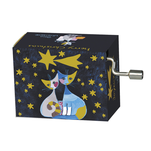 Christmas Hand Crank Music Box - Two Christmas Cats and Night Sky Stars (Jingle Bells) image
