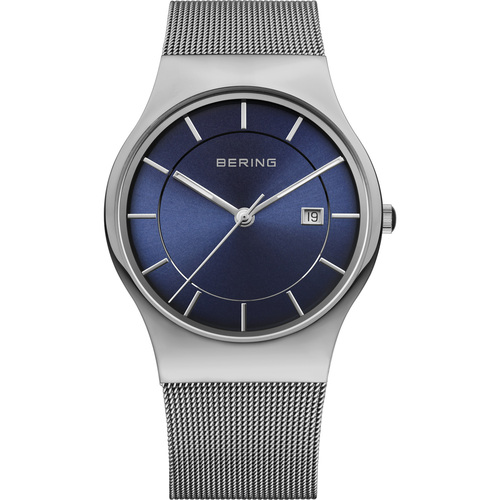 40mm Classic Collection Mens Watch With Blue Dial, Silver Milanese Strap & Silver Case By BERING