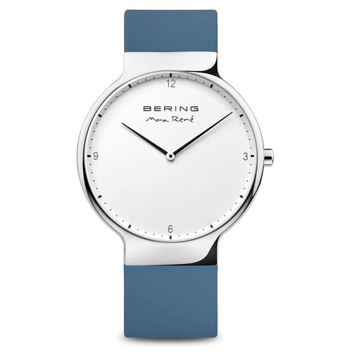40mm Max Rene Collection Mens Watch With White Dial & Blue Silicone Strap & Silver Case By BERING image