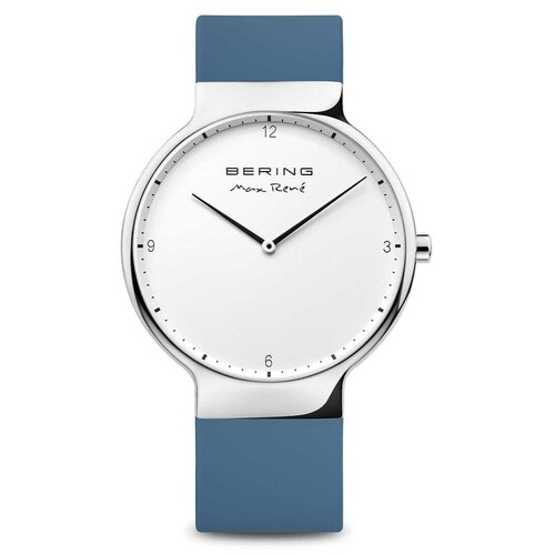 40mm Max Rene Collection Mens Watch With White Dial, Blue Silicone Strap & Silver Case By BERING