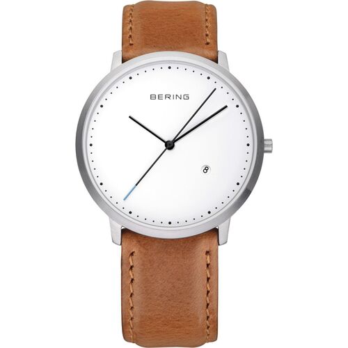 39mm Classic Collection Unisex Watch With White Dial, Tan Leather Strap & Silver Case By BERING