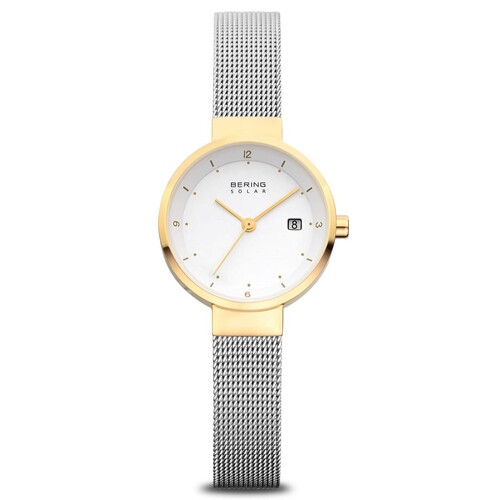 26mm Solar Collection Womens Watch With White Dial, Silver Milanese Strap & Gold Case By BERING