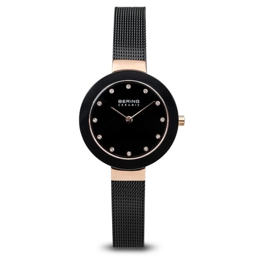29mm Ceramic Collection Womens Watch With Black Dial, Black Milanese Strap & Rose Gold Case By BERING