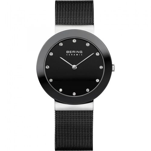 29mm Ceramic Collection Womens Watch With Black Dial, Black Milanese Strap & Silver Case By BERING