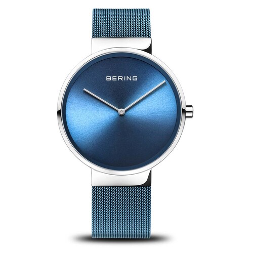 39mm Classic Collection Unisex Watch With Ice Blue Dial, Blue Milanese Strap & Silver Case By BERING