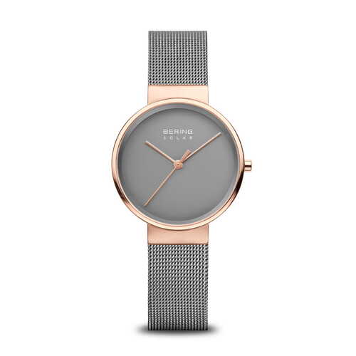 31mm Solar Collection Womens Watch With Grey Dial, Grey Milanese Strap & Rose Gold Case By BERING