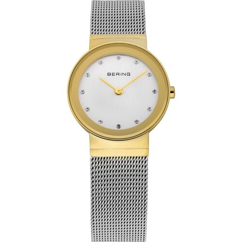 26mm Classic Collection Womens Watch With Silver Dial, Silver Milanese Strap, Gold Case & Swarovski Elements By BERING