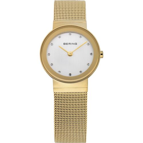 26mm Classic Collection Womens Watch With Silver Dial, Gold Milanese Strap, Gold Case & Swarovski Elements By BERING