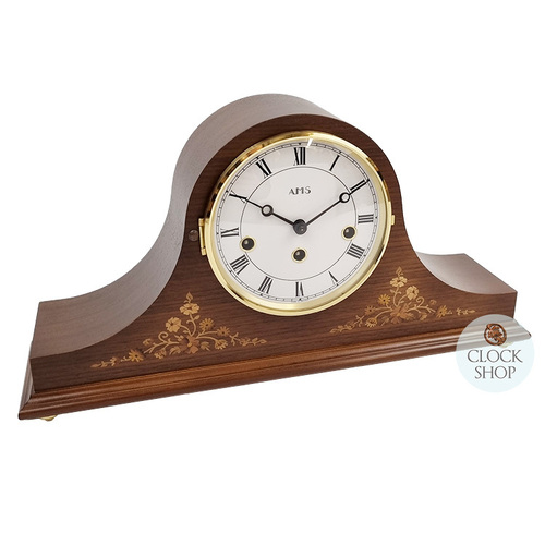 21cm Walnut Mechanical Tambour Mantel Clock With Westminster Chime & Elaborate Floral Inlay By AMS