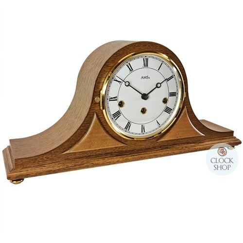 21cm Oak Mechanical Tambour Mantel Clock With Westminster Chime By AMS 