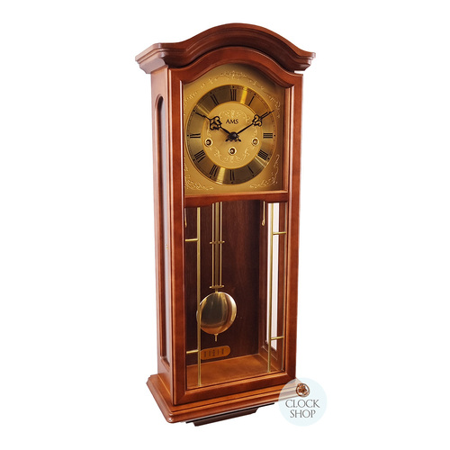 66cm Walnut 8 Day Mechanical Chiming Wall Clock With Brass Accents By AMS