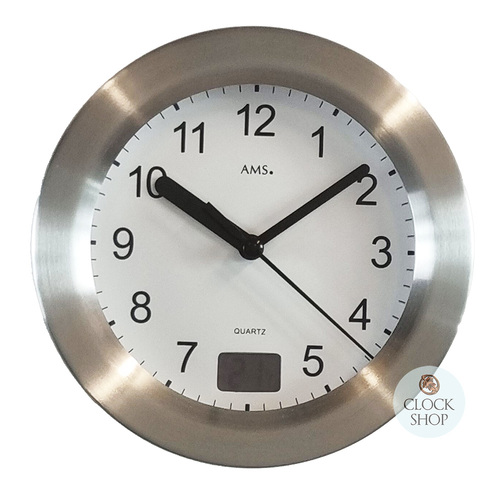 17cm Silver Round Wall Clock With Temperature Reading By AMS image