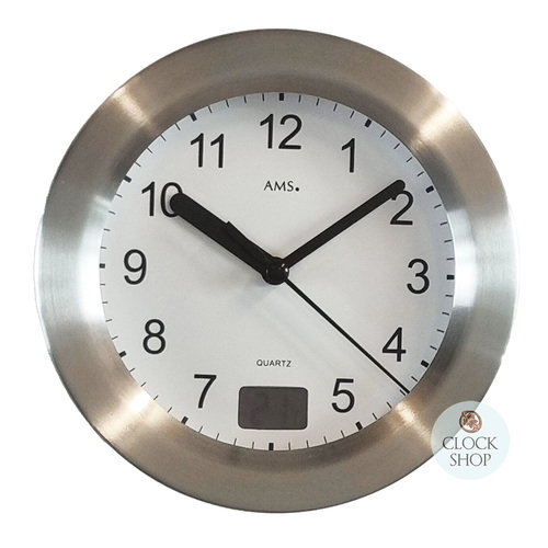 17cm Silver Round Wall Clock With Temperature Reading By AMS