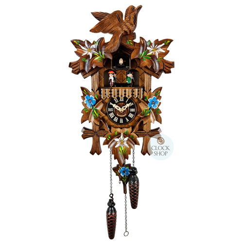 5 Leaf & Bird With Blue Flowers Battery Carved Cuckoo Clock With Dancers 37cm By ENGSTLER