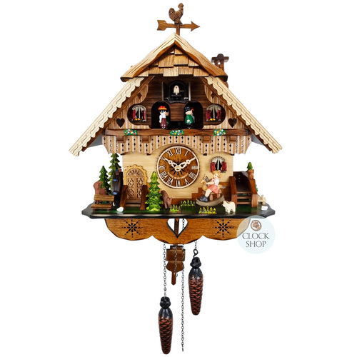 Girl on Rocking Horse Battery Chalet Cuckoo Clock With Dancers 34cm By ENGSTLER image