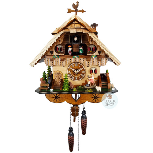 Girl on Rocking Horse Battery Chalet Cuckoo Clock With Dancers 40cm By ENGSTLER