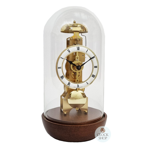 30cm Walnut Mechanical Skeleton Table Clock With Glass Dome & Bell Strike By HERMLE