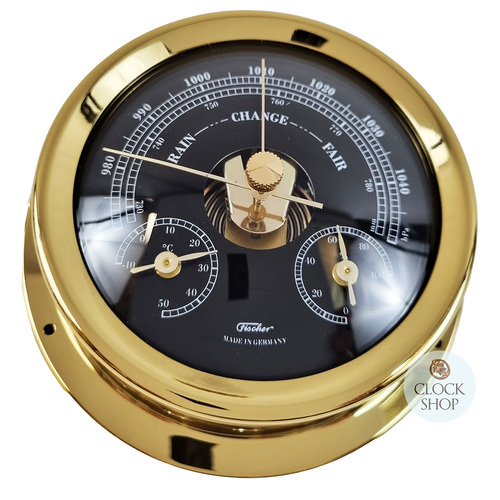 12.5cm Polished Brass Barometer With Thermometer, Hygrometer & Black Dial By FISCHER