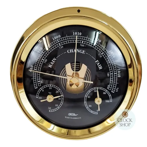 12.5cm Polished Brass Black Barometer With Thermometer & Hygrometer By FISCHER (Small Scratches)