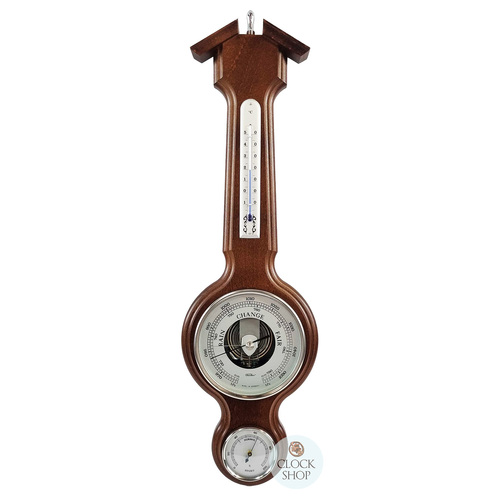 55cm Walnut & Silver Traditional Weather Station With Barometer Thermometer & Hygrometer By FISCHER image