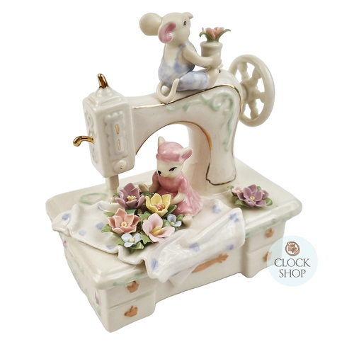 Porcelain Sewing Machine Music Box With Mice (Rodgers- My Favourite Things) image